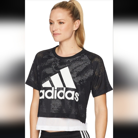ADIDAS SMALL ID Mesh Crop Top black white logo shortsleeved women's - Picture 2 of 7